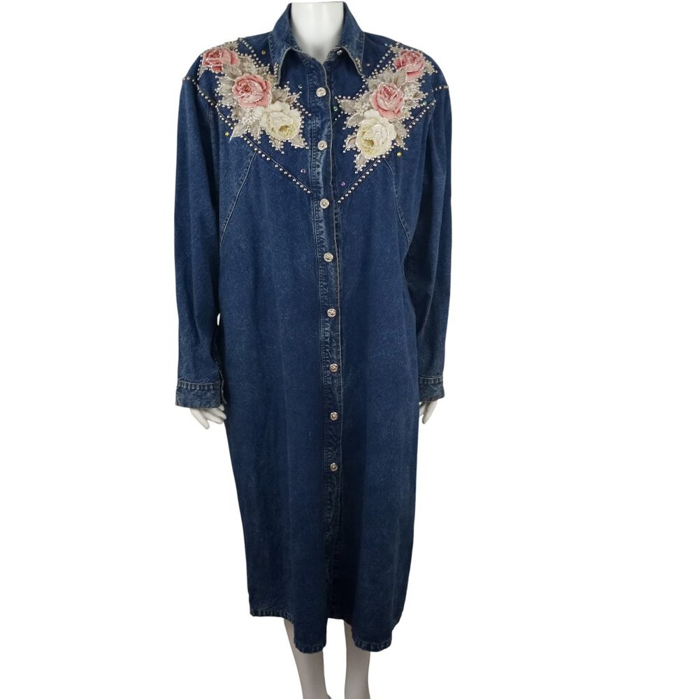 Vintage 80s Pret Embellished Blue Denim Shirt Dress XL Long Sleeve Button Up